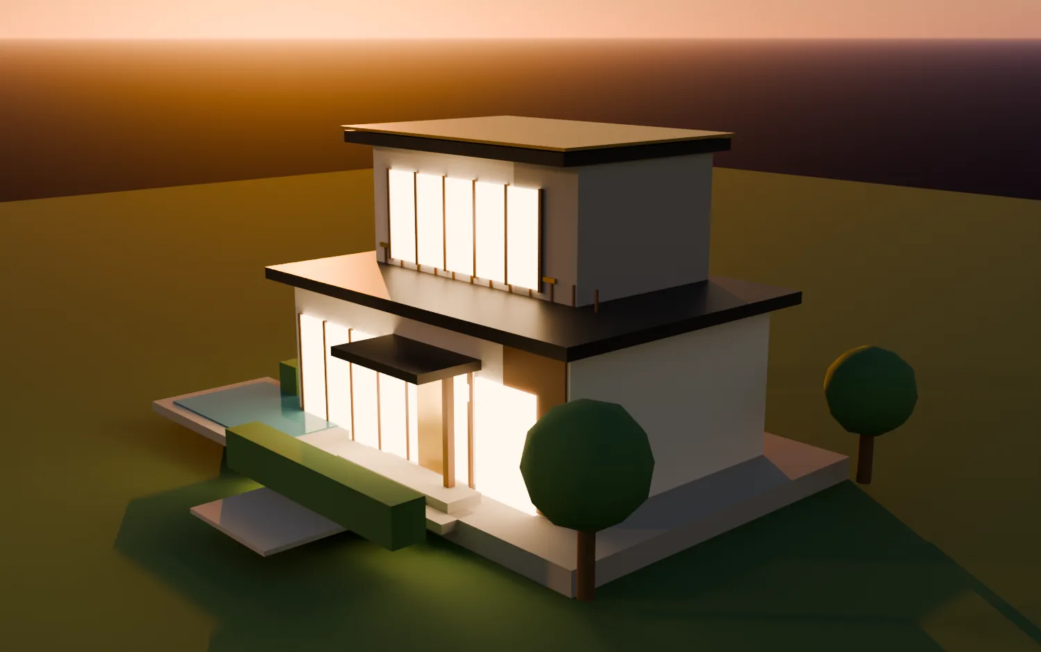 A modern Qatar villa glowing warm at dusk
